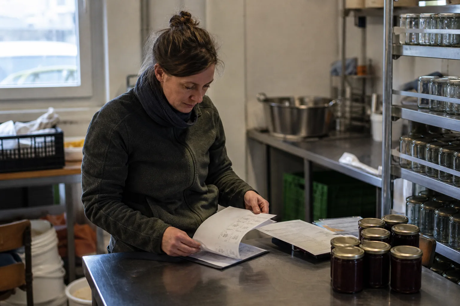 Mitarbeiterin prüft Rezepturblatt, Etikett und Chargenliste im Hofladen