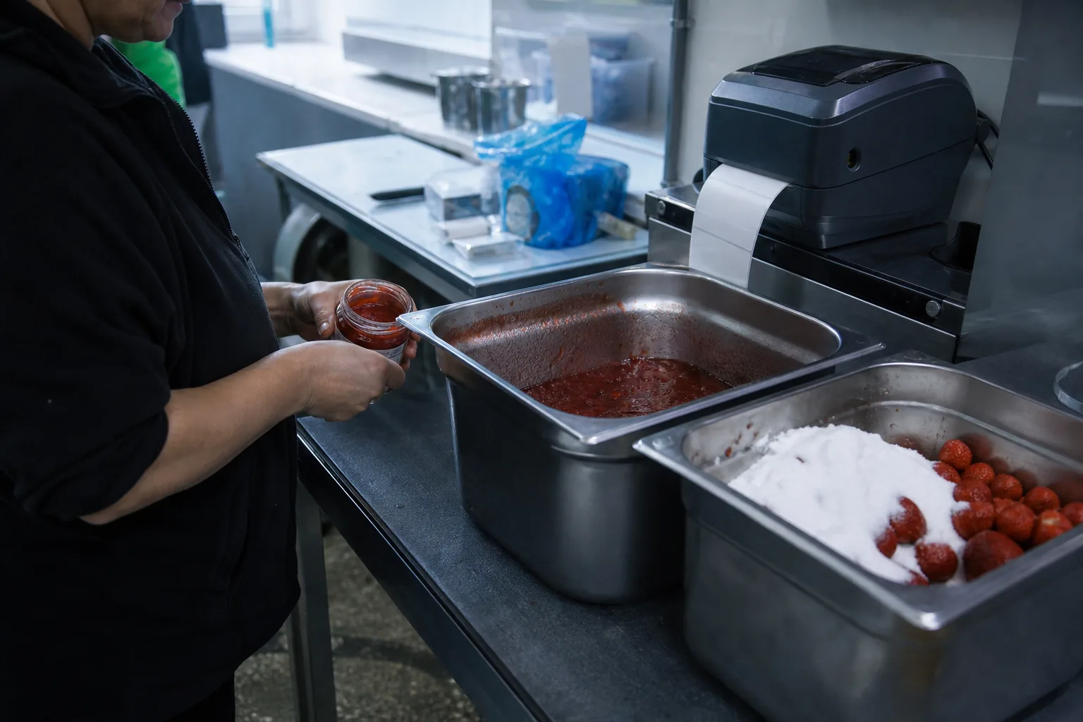 Marmeladenherstellung mit Erdbeeren, Zucker und Etikettendrucker