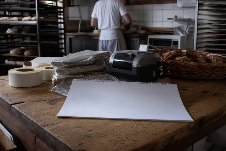 Kalender, Etikettenrollen und verpackte Backwaren in einer Bäckerei