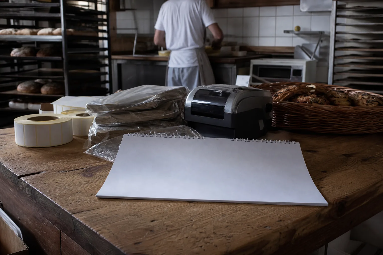 Kalender, Etikettenrollen und verpackte Backwaren in einer Bäckerei